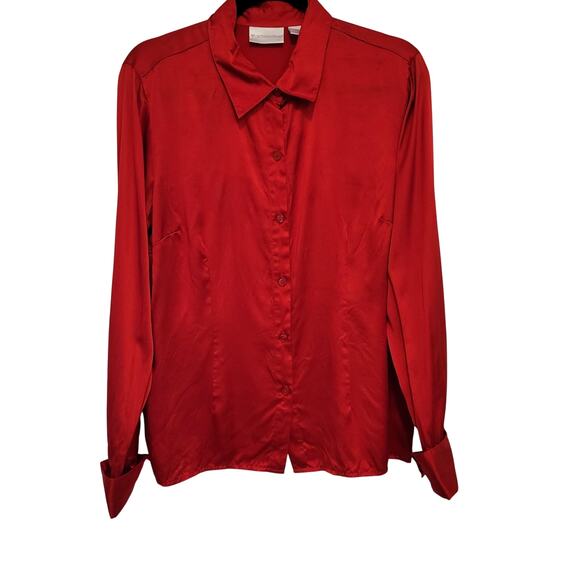 Worthington Red 100% Silk Blouse Women's Large Long Sleeve Button Down Holiday - Picture 1 of 8